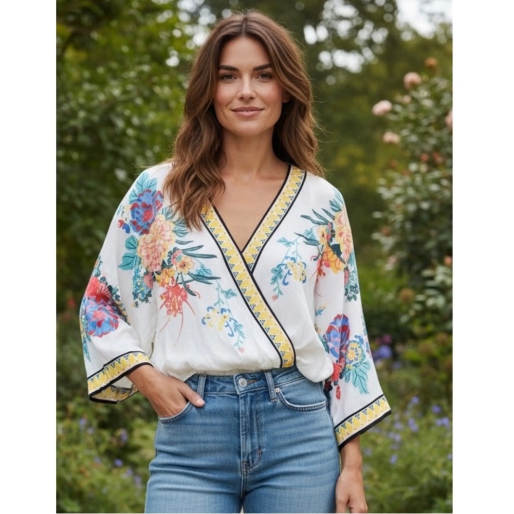 Flying Tomato White Floral Crop Wrap Blouse Boho Medium